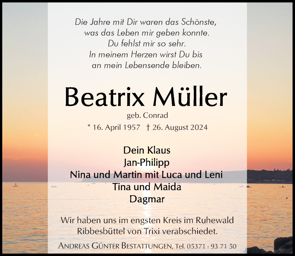  Traueranzeige für Beatrix Müller vom 07.09.2024 aus Aller Zeitung