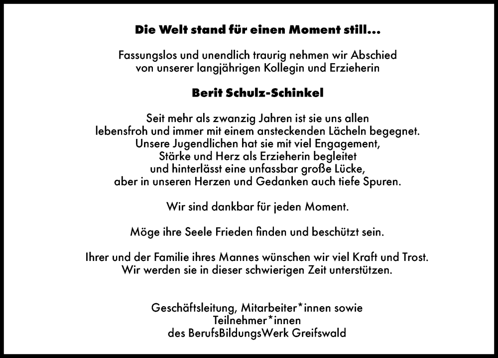  Traueranzeige für Berit Schulz-Schinkel vom 07.09.2024 aus Ostsee-Zeitung GmbH