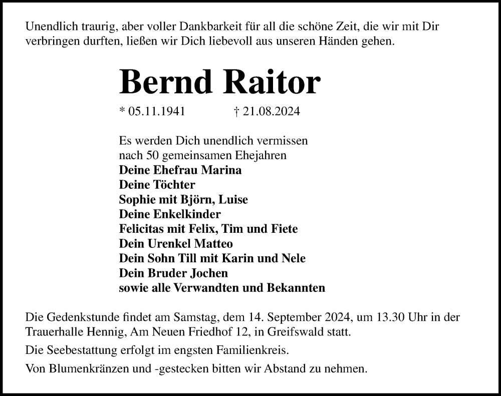  Traueranzeige für Bernd Raitor vom 07.09.2024 aus Ostsee-Zeitung GmbH