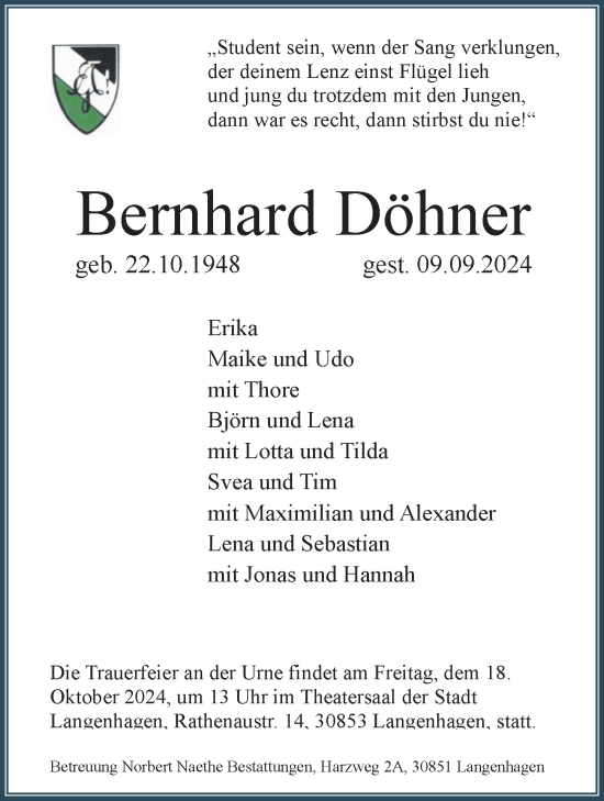 Traueranzeige von Bernhard Döhner von Hannoversche Allgemeine Zeitung/Neue Presse