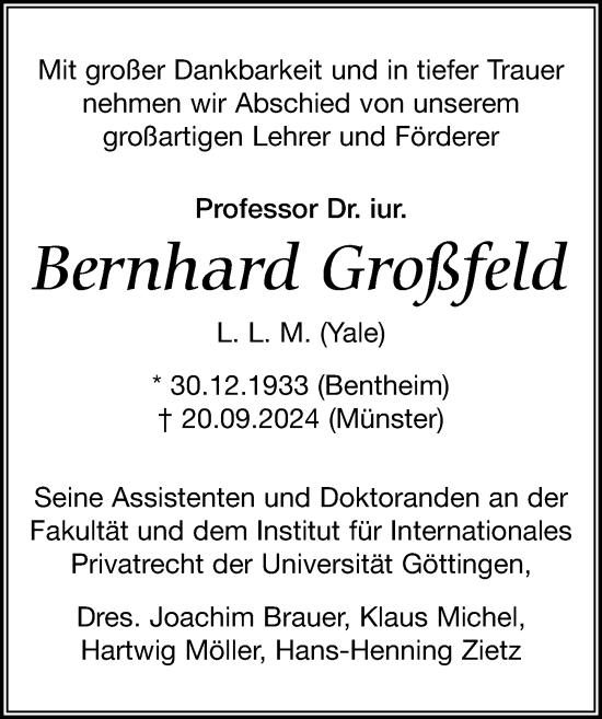 Traueranzeige von Bernhard Großfeld von Göttinger Tageblatt