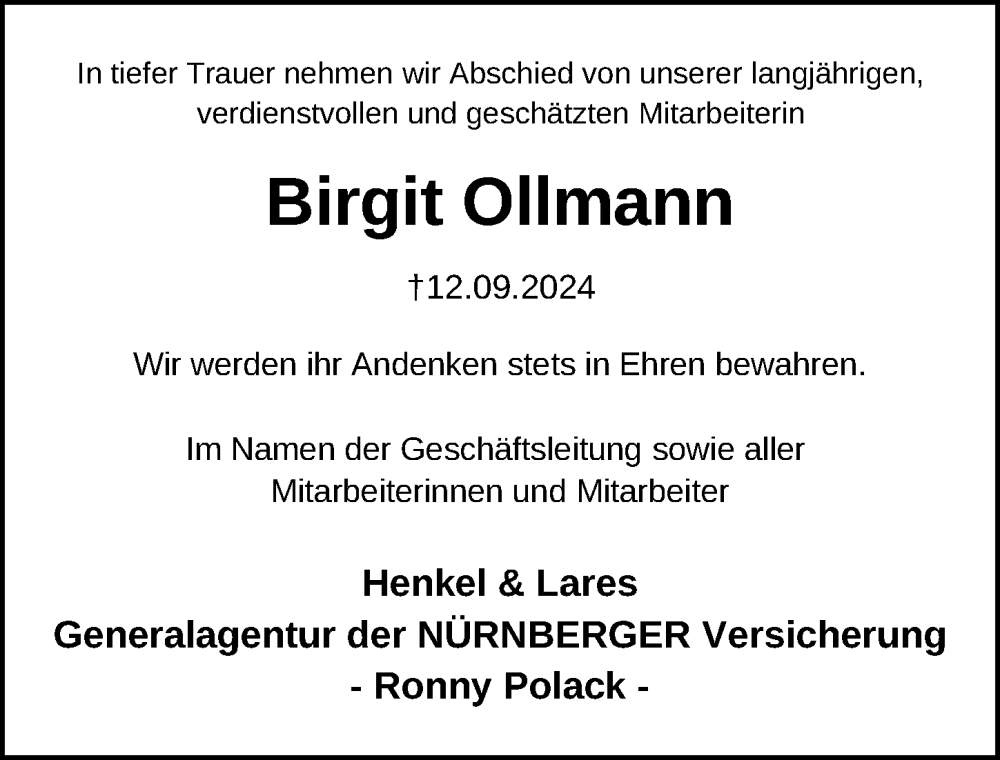  Traueranzeige für Birgit Ollmann vom 21.09.2024 aus Hannoversche Allgemeine Zeitung/Neue Presse