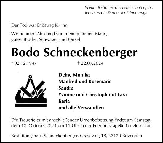 Traueranzeige von Bodo Schneckenberger von Göttinger Tageblatt