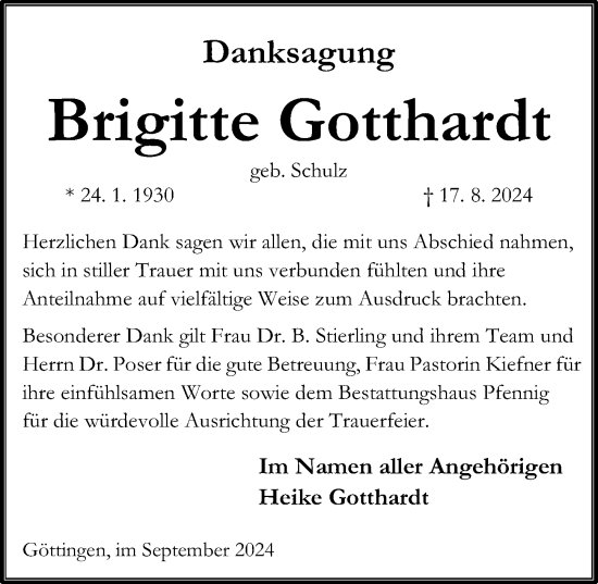 Traueranzeige von Brigitte Gotthardt von Göttinger Tageblatt