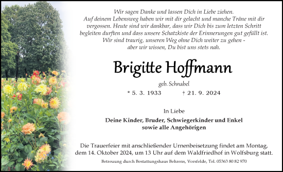 Traueranzeige von Brigitte Hofmann von Aller Zeitung