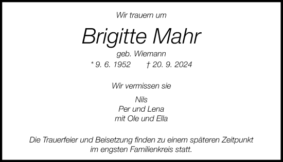 Traueranzeige von Brigitte Mahr von Schaumburger Nachrichten und Schaumburger Zeitung/ Landes-Zeitung