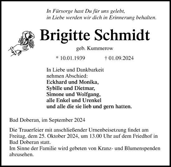 Traueranzeige von Brigitte Schmidt von Ostsee-Zeitung GmbH