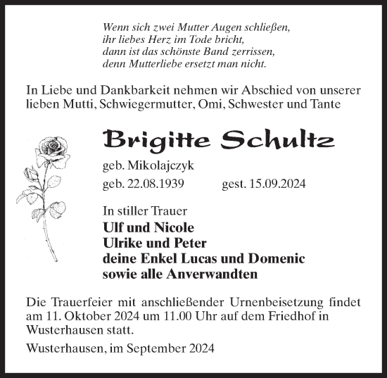 Traueranzeige von Brigitte Schultz von Wochenspiegel