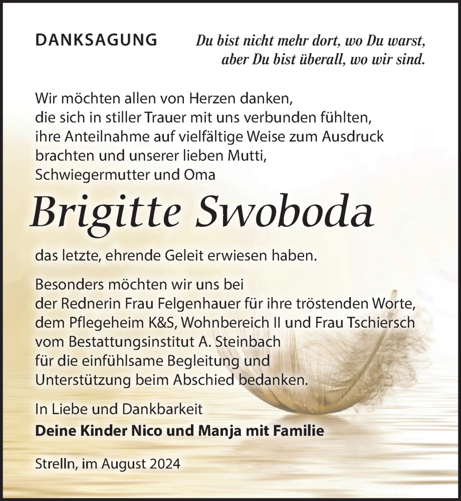  Traueranzeige für Brigitte Swoboda vom 14.09.2024 aus Torgauer Zeitung