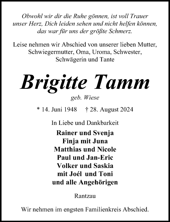 Traueranzeige von Brigitte Tamm von Kieler Nachrichten