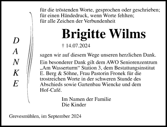 Traueranzeige von Brigitte Wilms von Ostsee-Zeitung GmbH