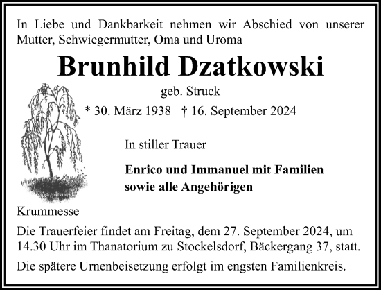 Traueranzeige von Brunhild Dzatkowski von Lübecker Nachrichten