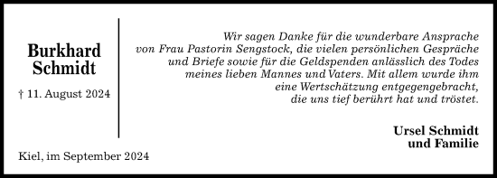 Traueranzeige von Burkhard Schmidt von Kieler Nachrichten