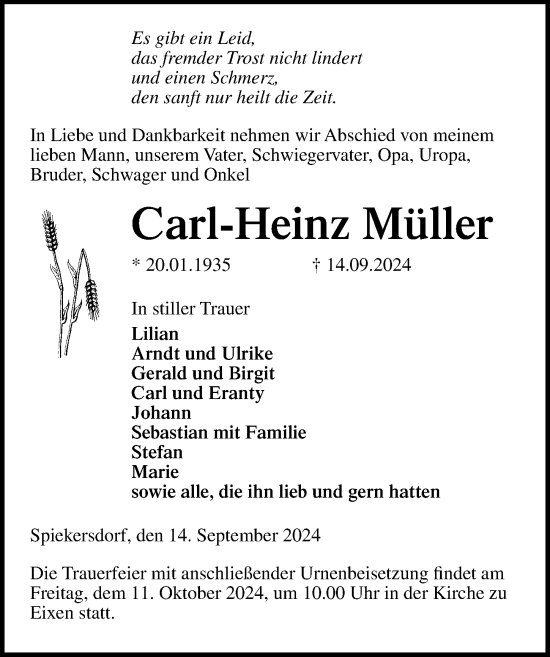 Traueranzeige von Carl-Heinz Müller von Ostsee-Zeitung GmbH