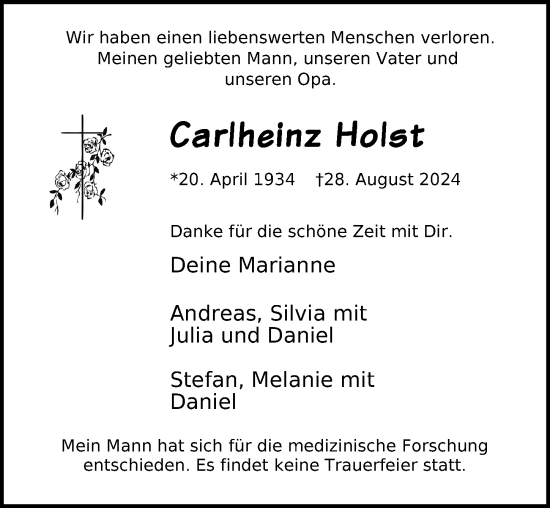 Traueranzeige von Carlheinz Holst von Lübecker Nachrichten