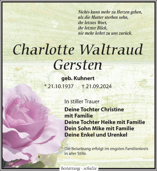 Traueranzeige von Charlotte Waltraud Gersten von Leipziger Volkszeitung