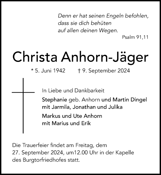 Traueranzeige von Christa Anhorn-Jäger von Lübecker Nachrichten