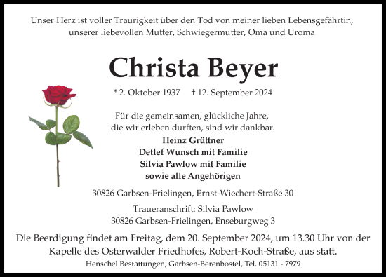 Traueranzeige von Christa Beyer von Hannoversche Allgemeine Zeitung/Neue Presse