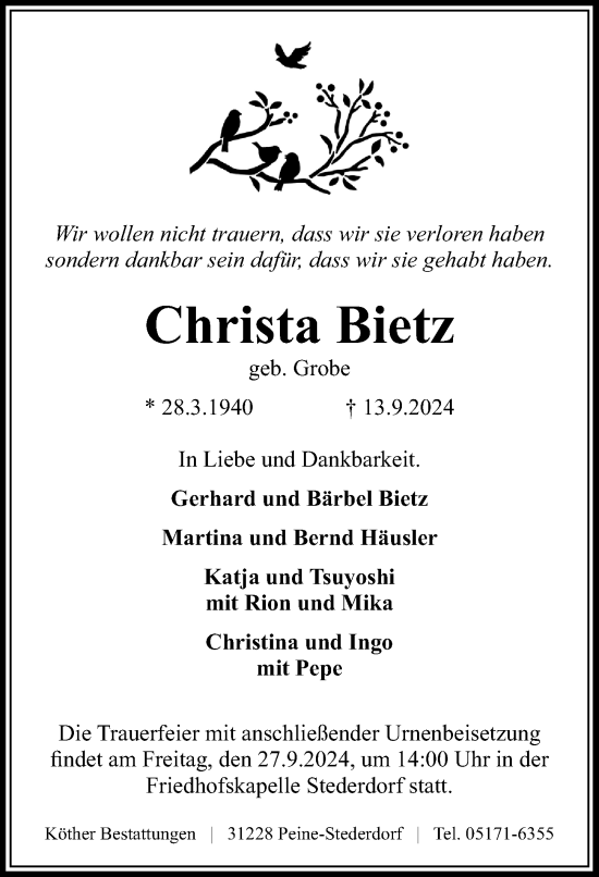 Traueranzeige von Christa Bietz von Peiner Allgemeine Zeitung