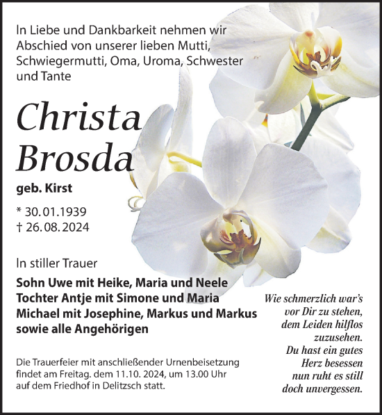 Traueranzeige von Christa Brosda von Leipziger Volkszeitung