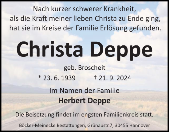 Traueranzeige von Christa Deppe von Hannoversche Allgemeine Zeitung/Neue Presse