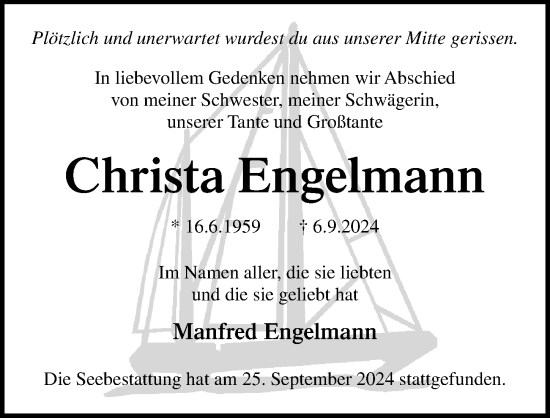 Traueranzeige von Christa Engelmann von Lübecker Nachrichten