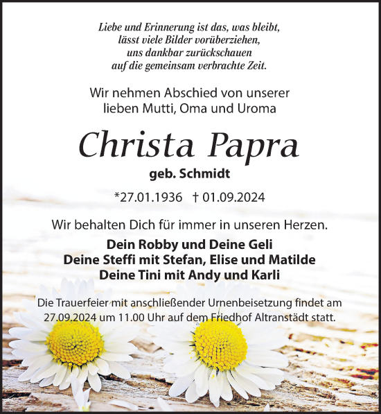 Traueranzeige von Christa Papra von Leipziger Volkszeitung