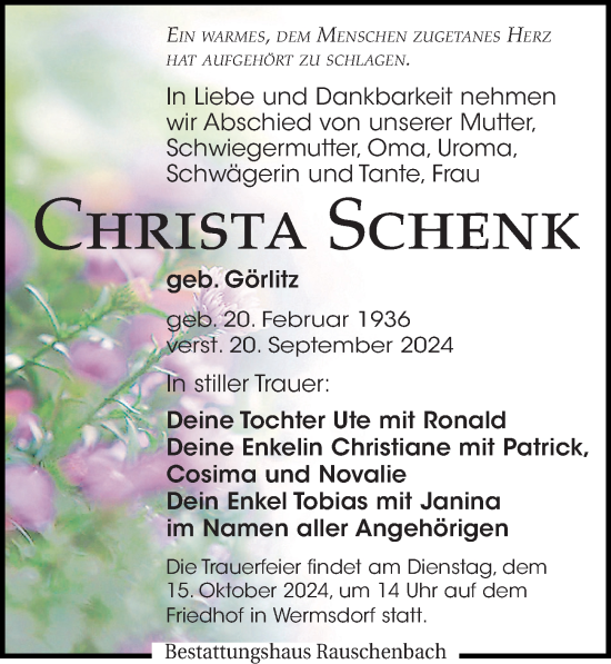 Traueranzeige von Christa Schenk von Leipziger Volkszeitung