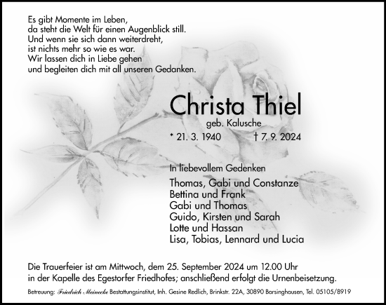 Traueranzeige von Christa Thiel von Hannoversche Allgemeine Zeitung/Neue Presse