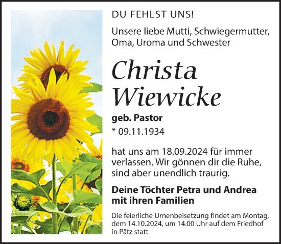 Traueranzeige von Christa Wiewicke von Märkischen Allgemeine Zeitung