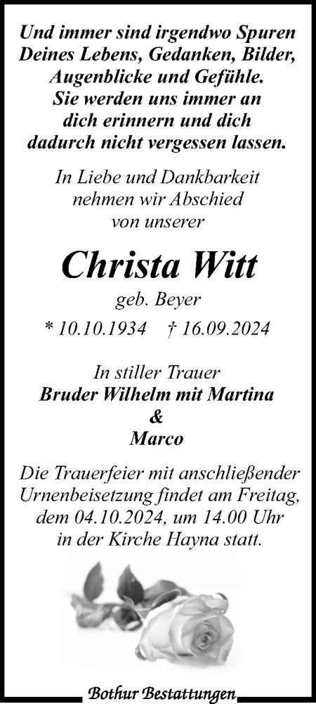 Traueranzeige von Christa Witt von Leipziger Volkszeitung