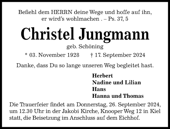 Traueranzeige von Christel Jungmann von Kieler Nachrichten