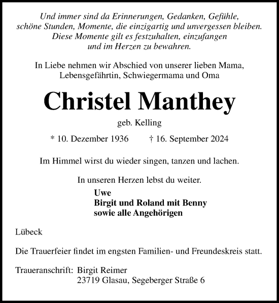 Traueranzeige von Christel Manthey von Lübecker Nachrichten