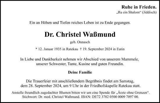 Traueranzeige von Christel Waßmund von Lübecker Nachrichten