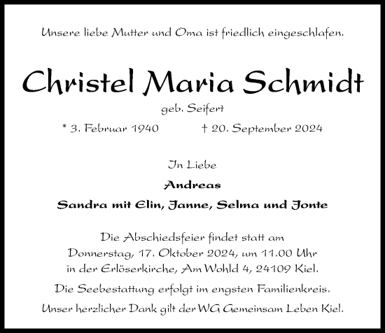 Traueranzeige von Christel Maria Schmidt von Kieler Nachrichten