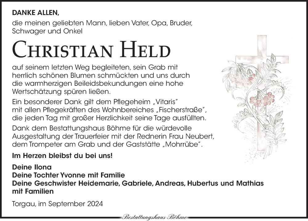  Traueranzeige für Christian Held vom 14.09.2024 aus Torgauer Zeitung