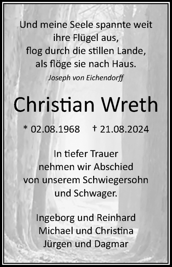 Traueranzeige von Christian Wreth von Lübecker Nachrichten