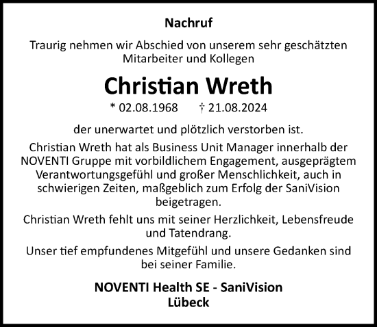 Traueranzeige von Christian Wreth von Lübecker Nachrichten