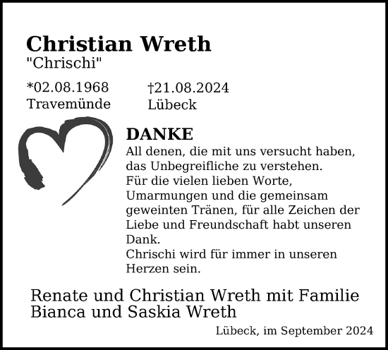 Traueranzeige von Christian Wreth von Lübecker Nachrichten