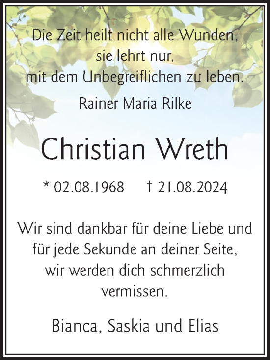 Traueranzeige von Christian Wreth von Lübecker Nachrichten