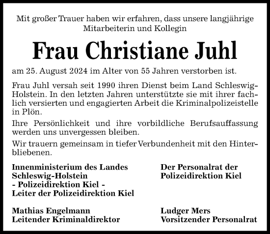 Traueranzeige von Christiane Juhl von Kieler Nachrichten