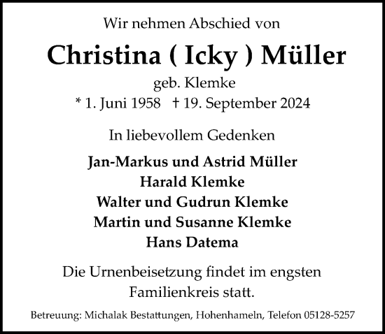 Traueranzeige von Christina Müller von Peiner Allgemeine Zeitung