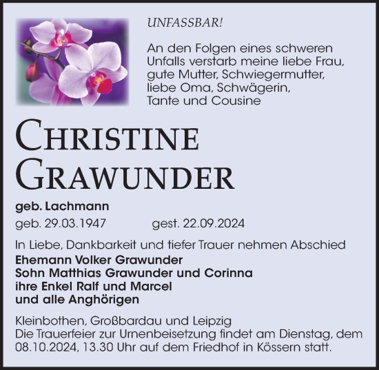 Traueranzeige von Christine Grawunder von Leipziger Volkszeitung