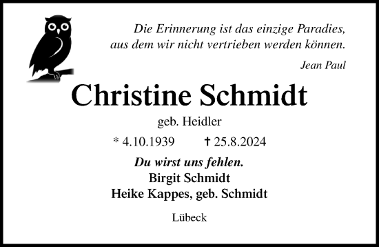 Traueranzeige von Christine Schmidt von Lübecker Nachrichten