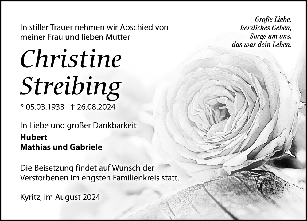  Traueranzeige für Christine Streibing vom 07.09.2024 aus Märkischen Allgemeine Zeitung