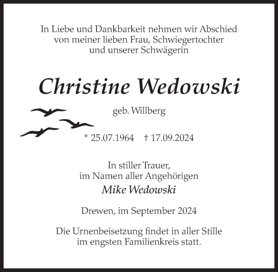 Traueranzeige von Christine Wedowski von Wochenspiegel