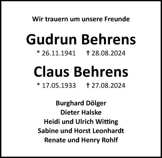 Traueranzeige von Claus Behrens von Lübecker Nachrichten