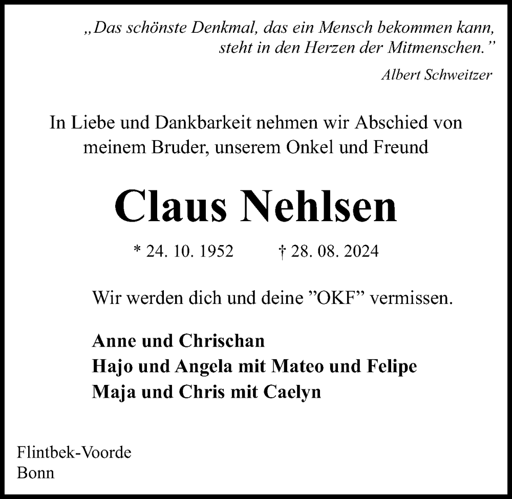  Traueranzeige für Claus Nehlsen vom 07.09.2024 aus Kieler Nachrichten