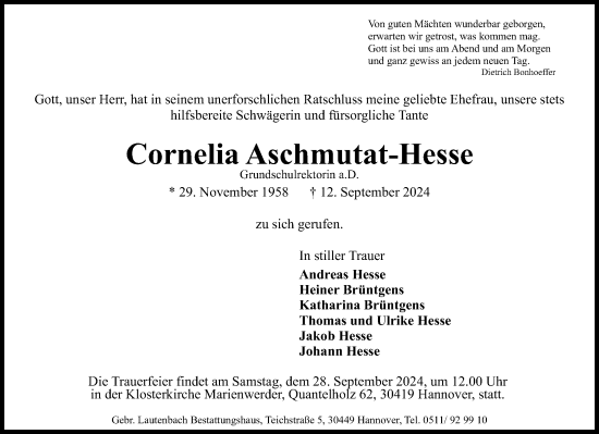 Traueranzeige von Cornelia Aschmutat-Hesse von Hannoversche Allgemeine Zeitung/Neue Presse