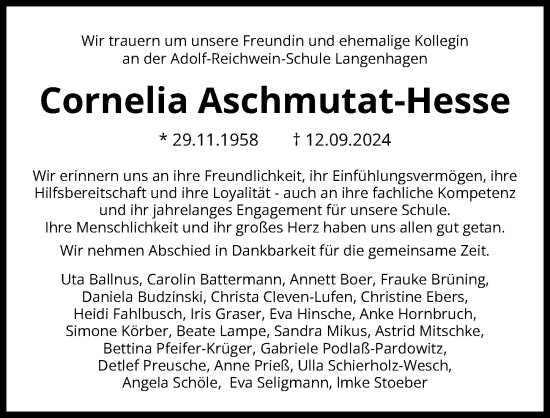 Traueranzeige von Cornelia Aschmutat-Hesse von Hannoversche Allgemeine Zeitung/Neue Presse